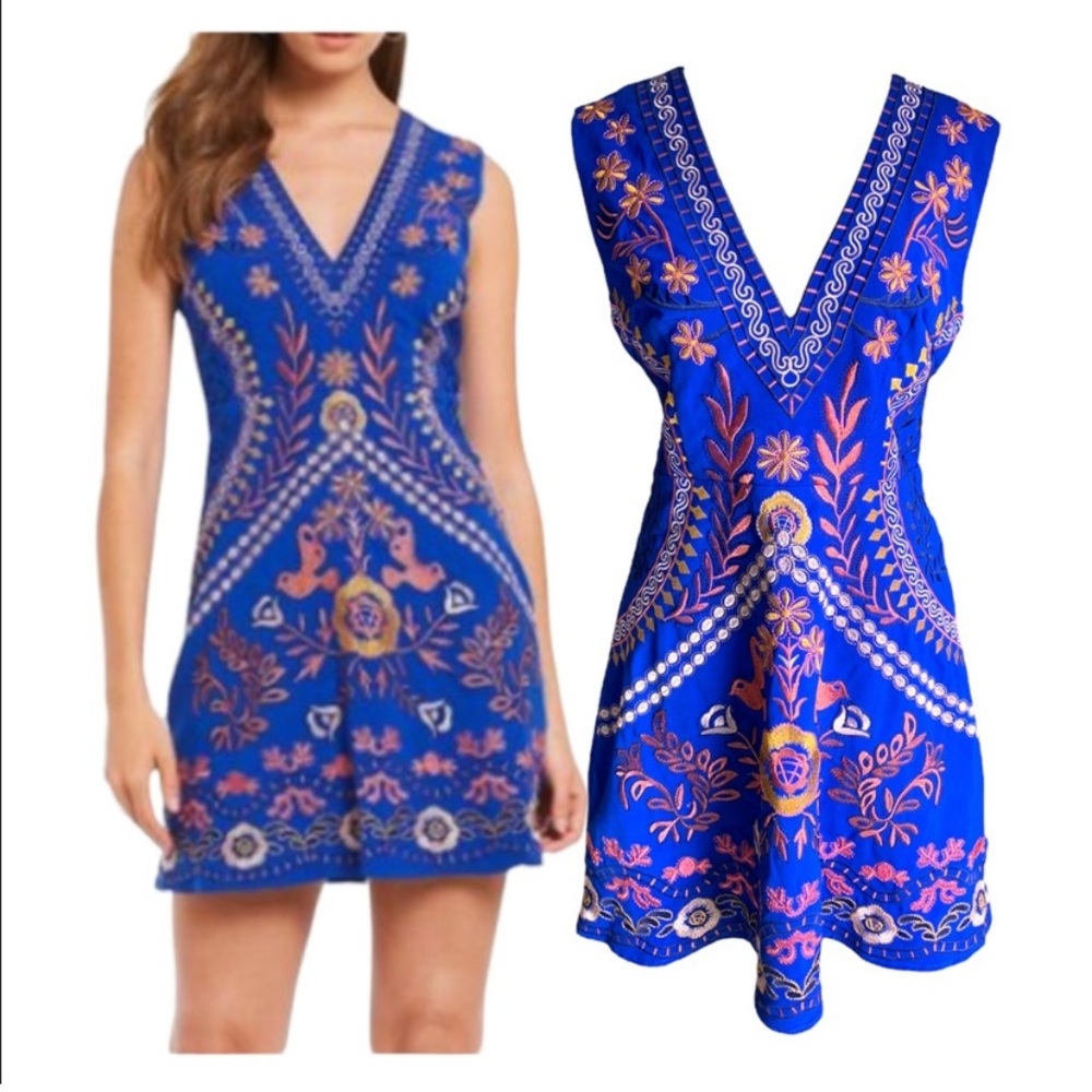 foxiedox Royal Blue Embroidered V-Neck Mini Dress